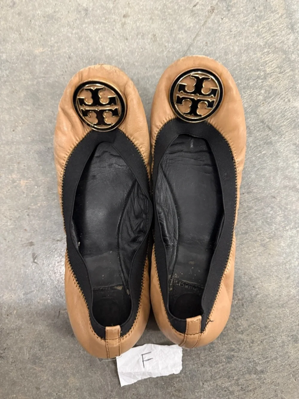 Tory Burch Camel Leather Logo Ballet Flats
